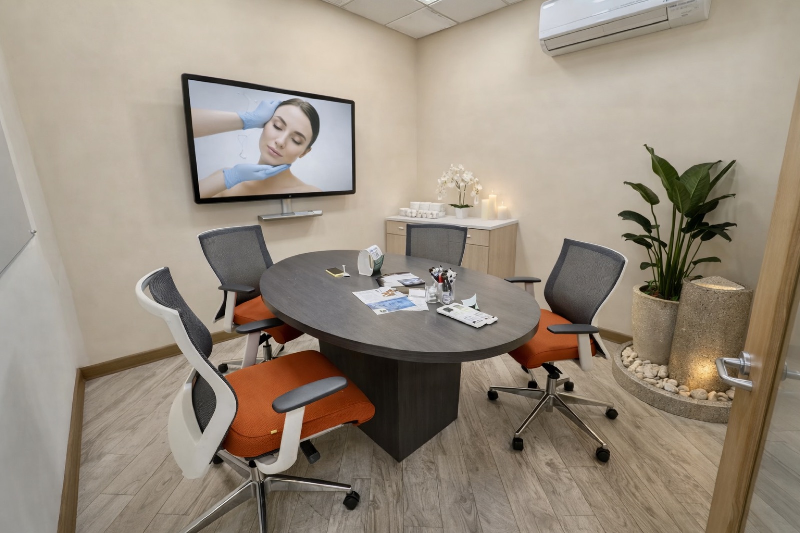 The private consultation room with an oval table, chairs, and a wall-mounted screen for reviewing surgical plans.