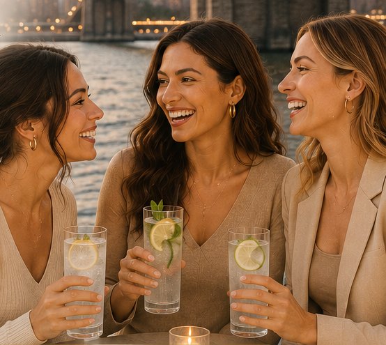 Three friends laughing over sparkling non-alcoholic drinks at sunset by the Brooklyn Bridge.