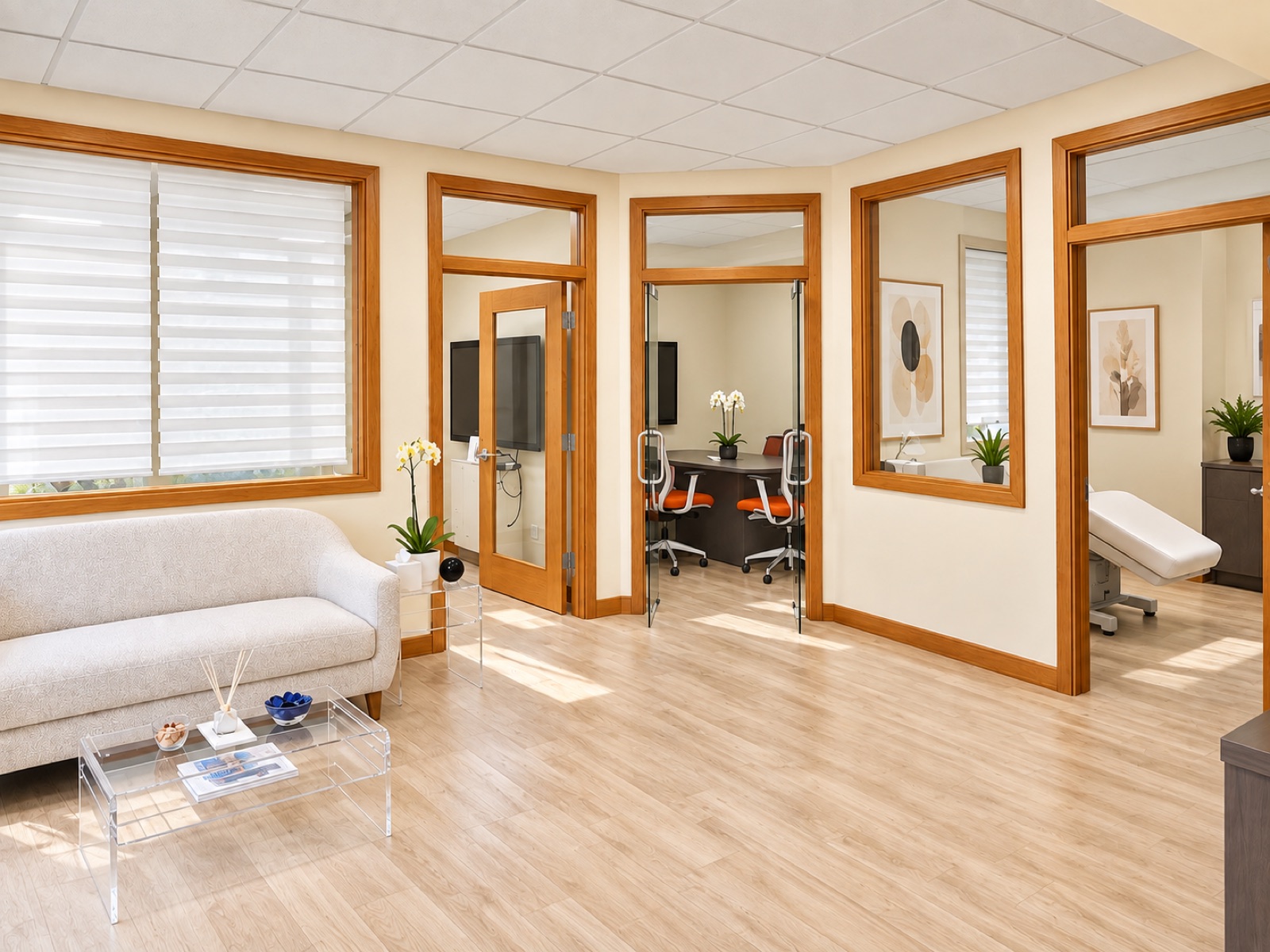 The sunlit main area of FiDi Aesthetics and Plastics, with a boucle sofa, wood-framed glass doors, and private treatment rooms beyond.