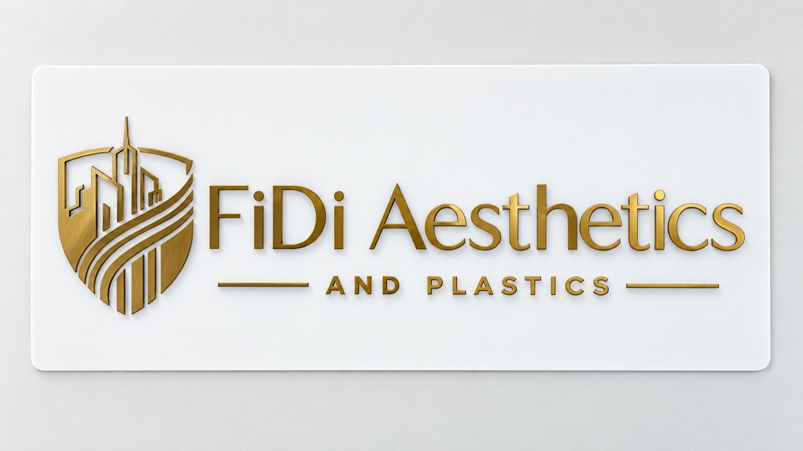 The gold FiDi Aesthetics and Plastics sign on a white panel.