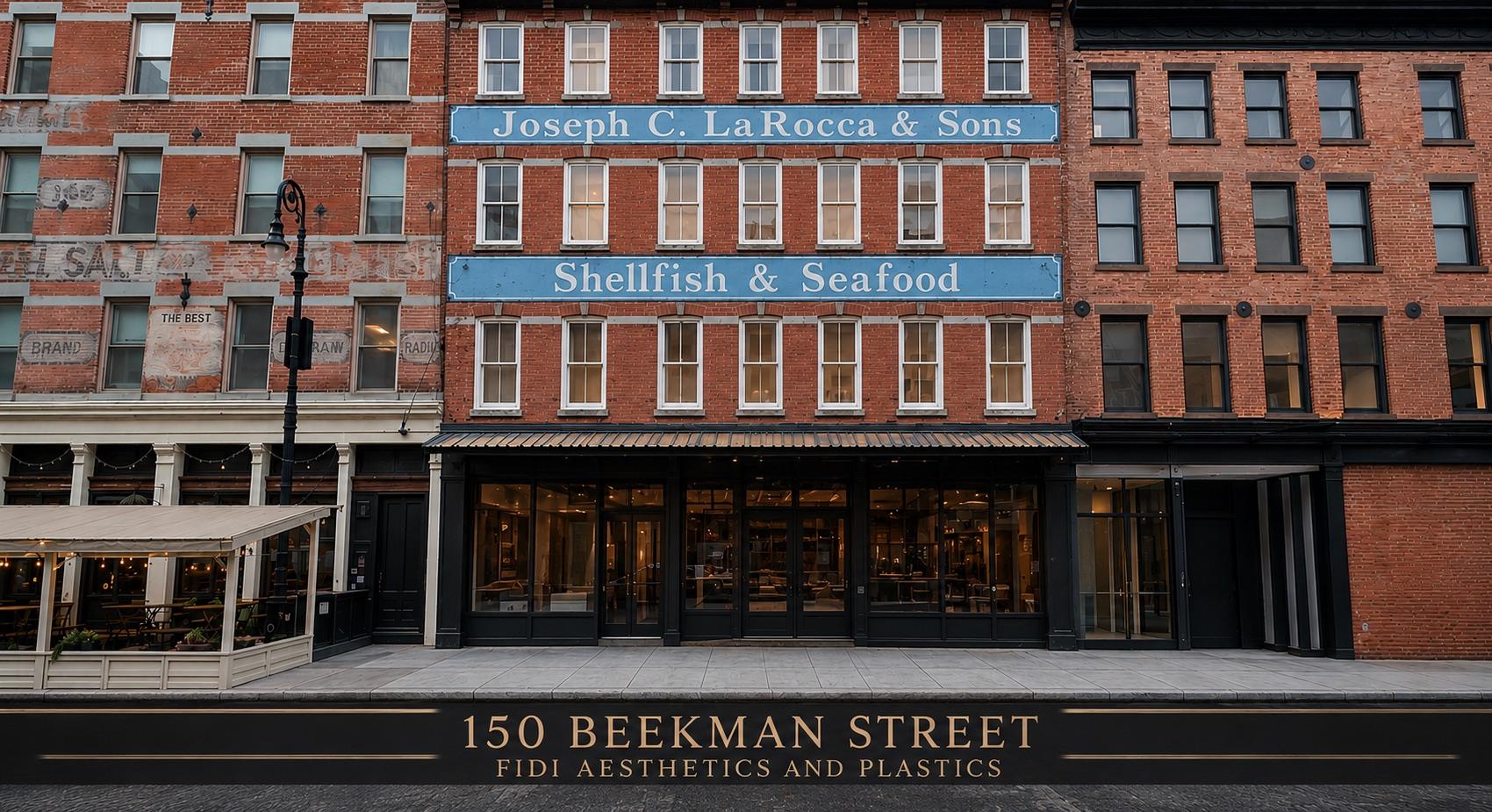 The historic red-brick building at 150 Beekman Street in the South Street Seaport, home to FiDi Aesthetics and Plastics.