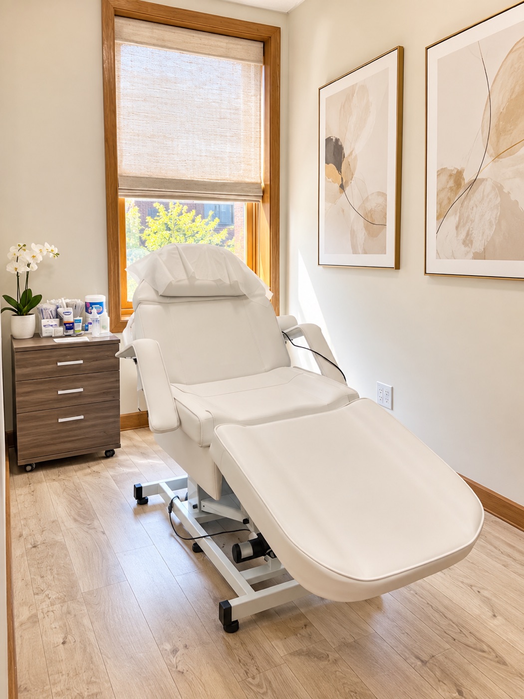 A private treatment room with a white reclining treatment chair, wood-framed window, and soft abstract art.