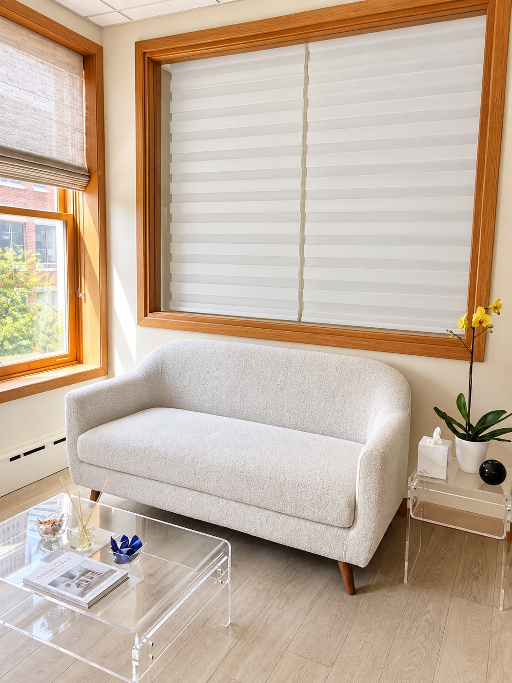 The waiting area with a boucle loveseat, acrylic coffee table, and a yellow orchid beside the window.